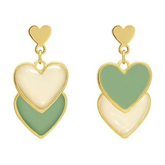 NWT Green Milky White Two-Toned Double Heart Boho Dangle Earrings - Picture 9 of 10